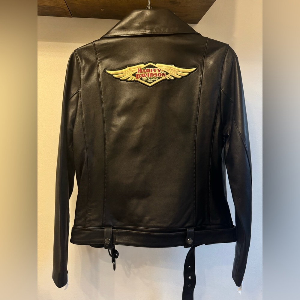 Harley Davidson Women's 120th Anniversary D-Pocket Biker Leather Jacket - Black - Picture 3 of 16